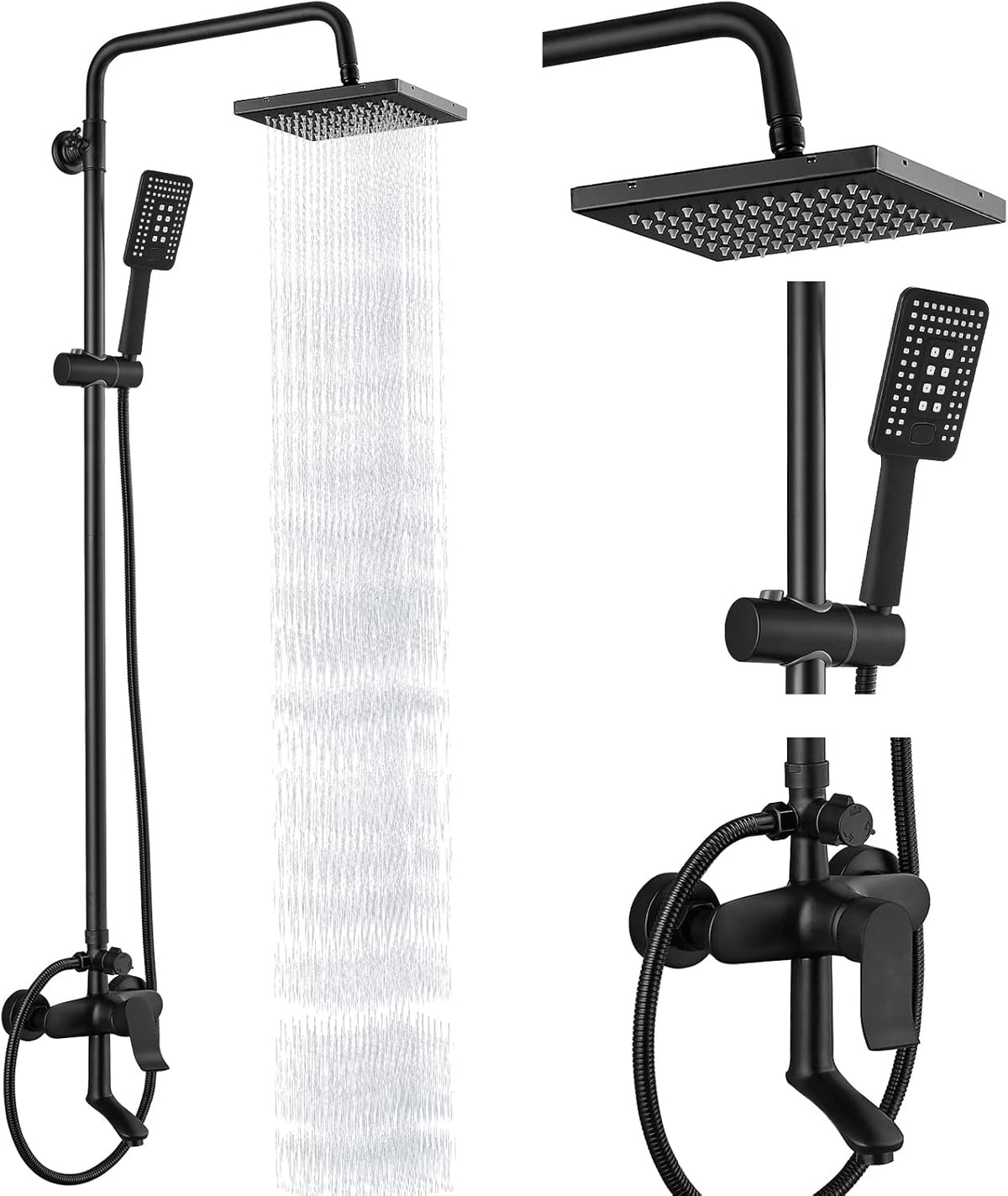Brushed Nickel 3 Functional Adjustable Complete Set Tub 8 Inch Square Rainfall Shower Head with Square Hand-held A295196
