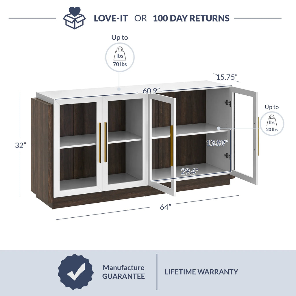 White Wood Glass Sideboard Buffet Cabinet with Storage M292