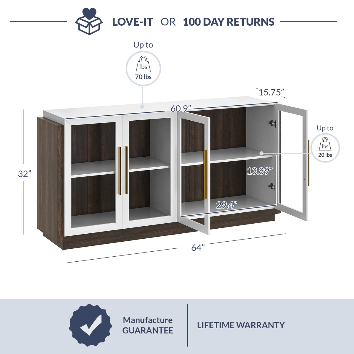 White Wood Glass Sideboard Buffet Cabinet with Storage M292