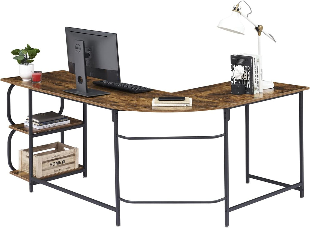 Reversible L Shaped Desk with Shelves, Round Corner Computer Desk Gaming Table Workstation B95666