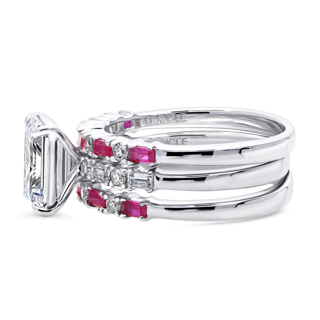 Sterling Silver Emerald Cut Cubic Zirconia Art Deco Ring Set, Rhodium Plated Size 10 D335278