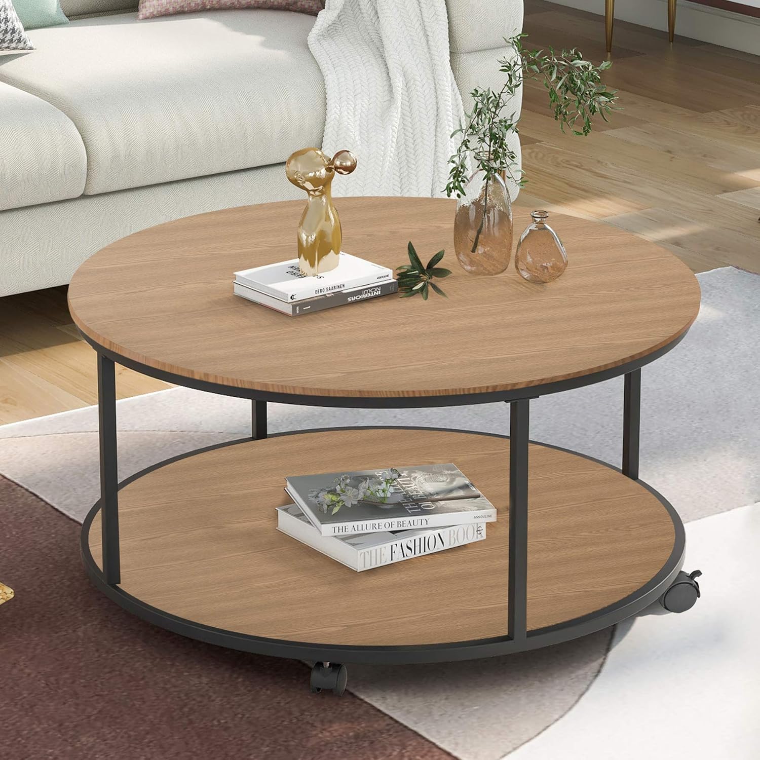 Rustic Style Round Coffee Table with Casters Brown I545139
