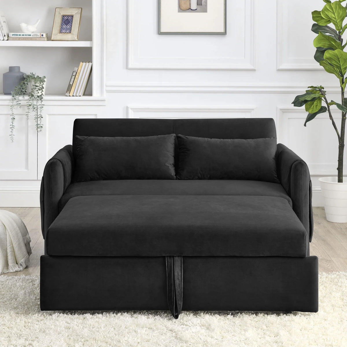 55" Convertible Velvet Sofa Bed with 2 Detachable Arm Pockets, 2 Pillows F694