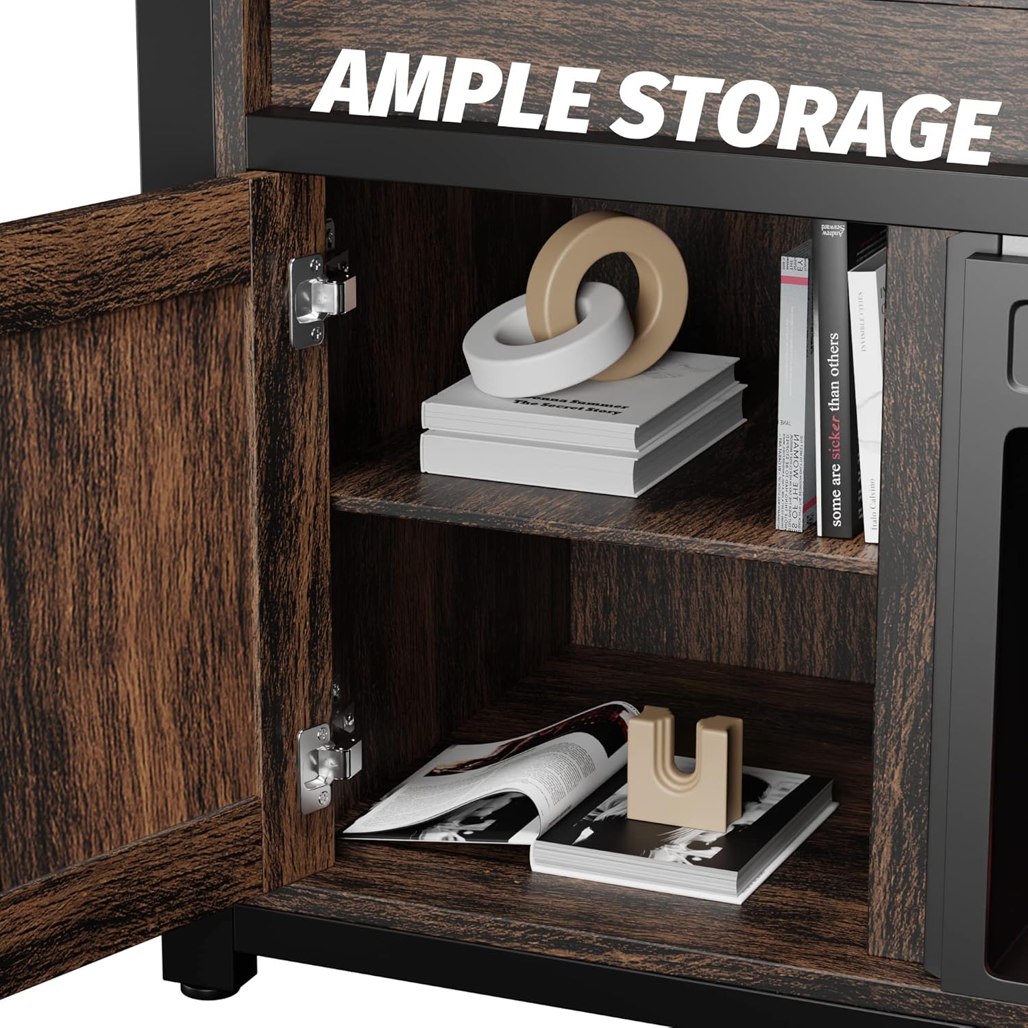Industrial Rustic Electric Fireplace TV Stand with Open Storage Shelves and 2 Cabinets J68609