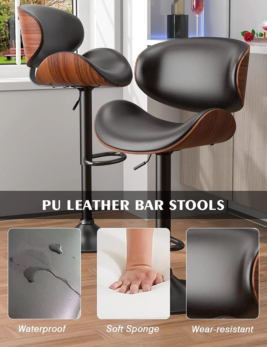 Swivel Bar Stools Set of 2, Adjustable PU Leather with Back and Footrest M1524