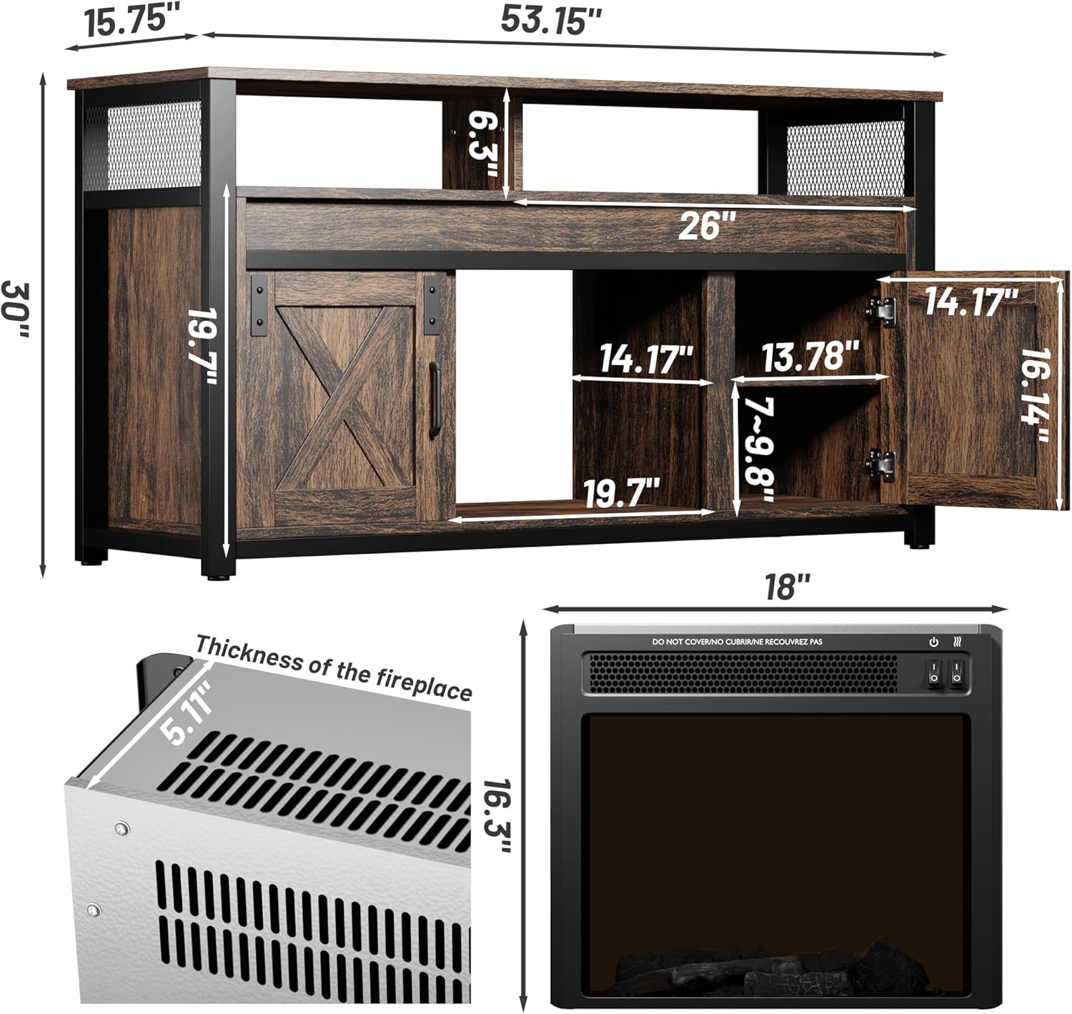 Industrial Rustic Electric Fireplace TV Stand with Open Storage Shelves and 2 Cabinets J68609