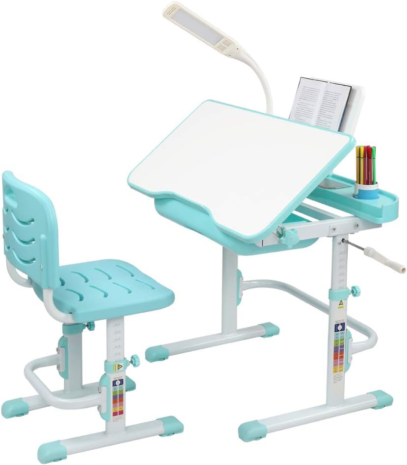 Blue-Green Children Learning Table and Chair with Desk Lamp O9552