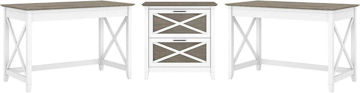 2 Person Desk Set with Lateral File Cabinet, Dark Gray Hickory L44094
