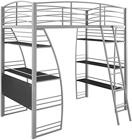 Gray Metal Frame Twin Loft Bed with Desk and Bookcase Y674