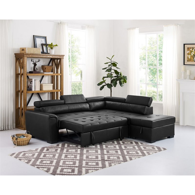Black Faux Leather Sleeper Sofa with Storage Ottoman L7722