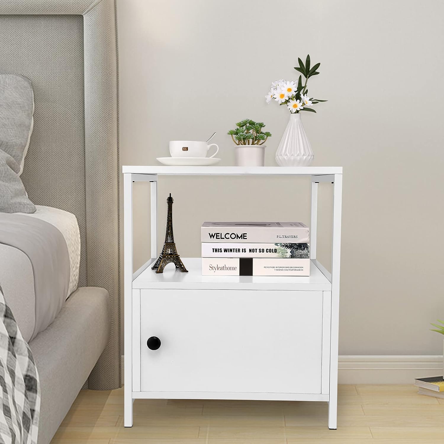 White Industrial Nightstand with Storage Cabinet and Open Shelves O215