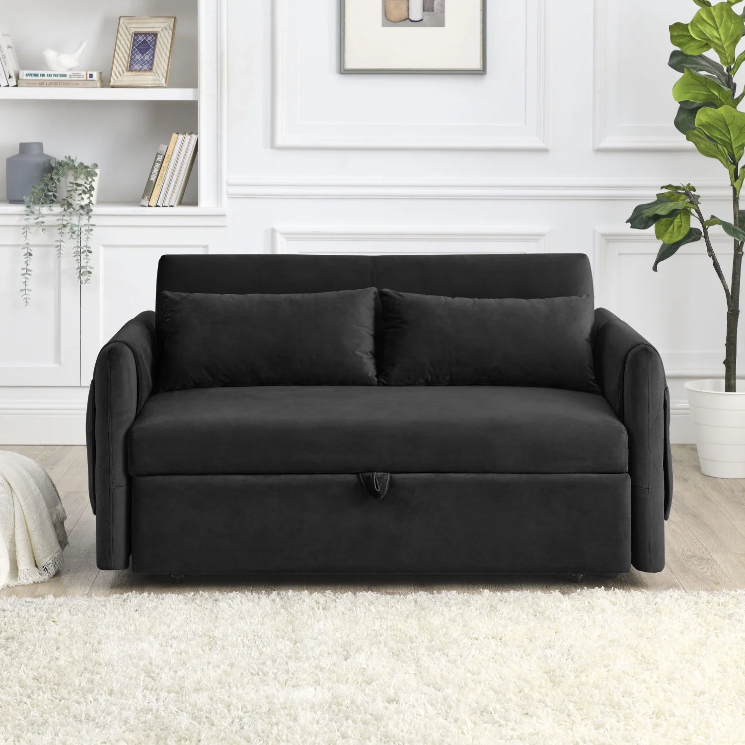55" Convertible Velvet Sofa Bed with 2 Detachable Arm Pockets, 2 Pillows F694