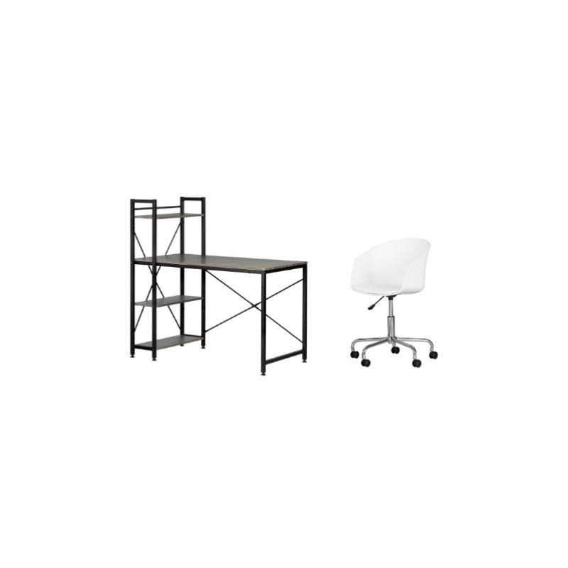 Ash Oak Desk with Bookcase and White Swivel Chair Set T89972