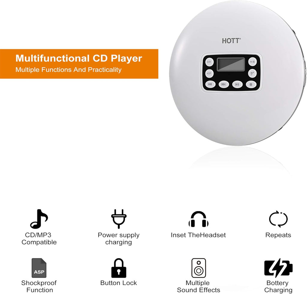 White Rechargeable Bluetooth Portable CD Player with Stereo Headphones B3818
