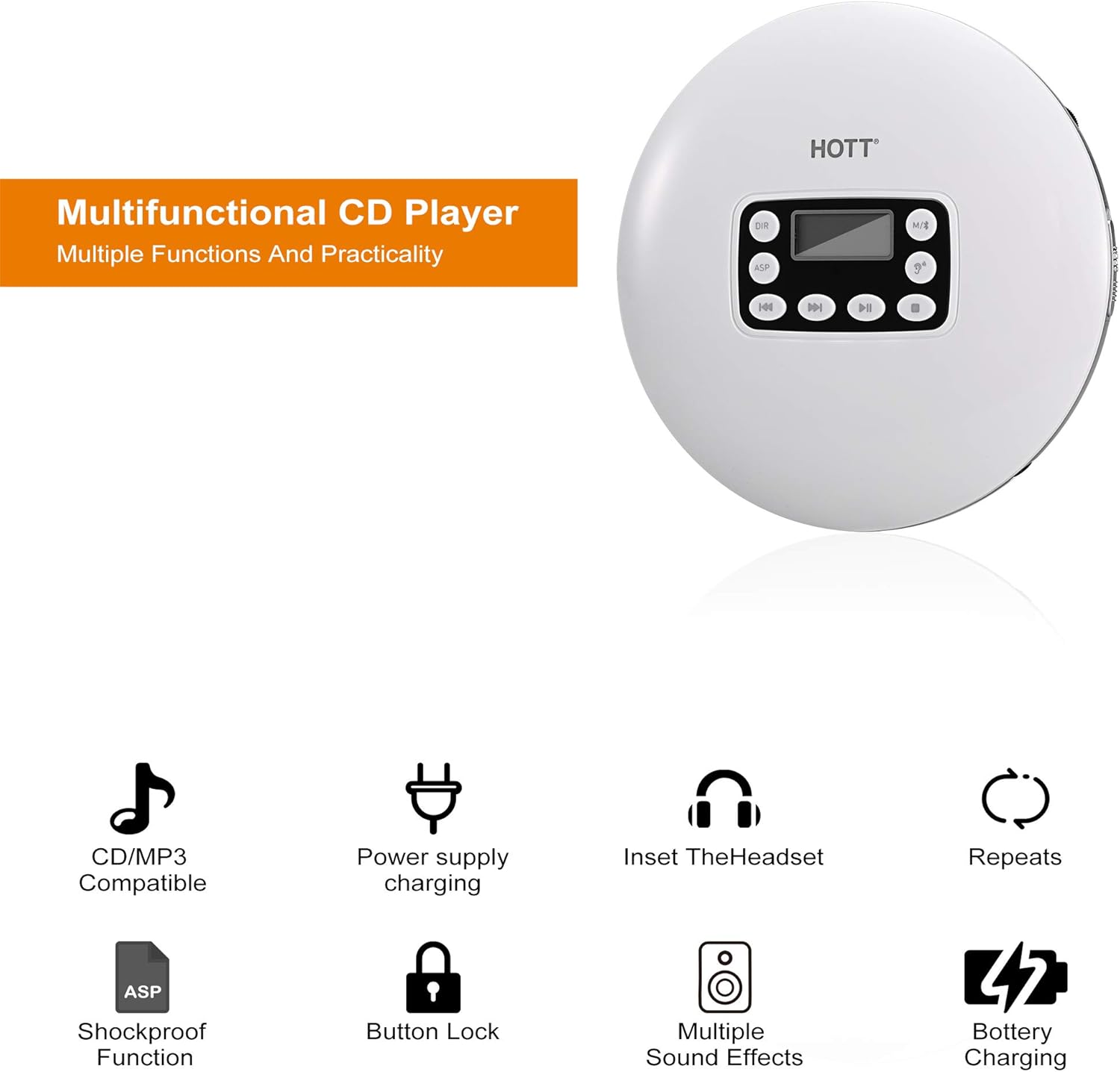 White Rechargeable Bluetooth Portable CD Player with Stereo Headphones B3818