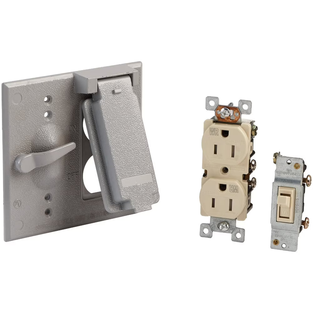 2-Gang Vertical Mount Die-Cast Metal Gray Outdoor Outlet Cover I18920