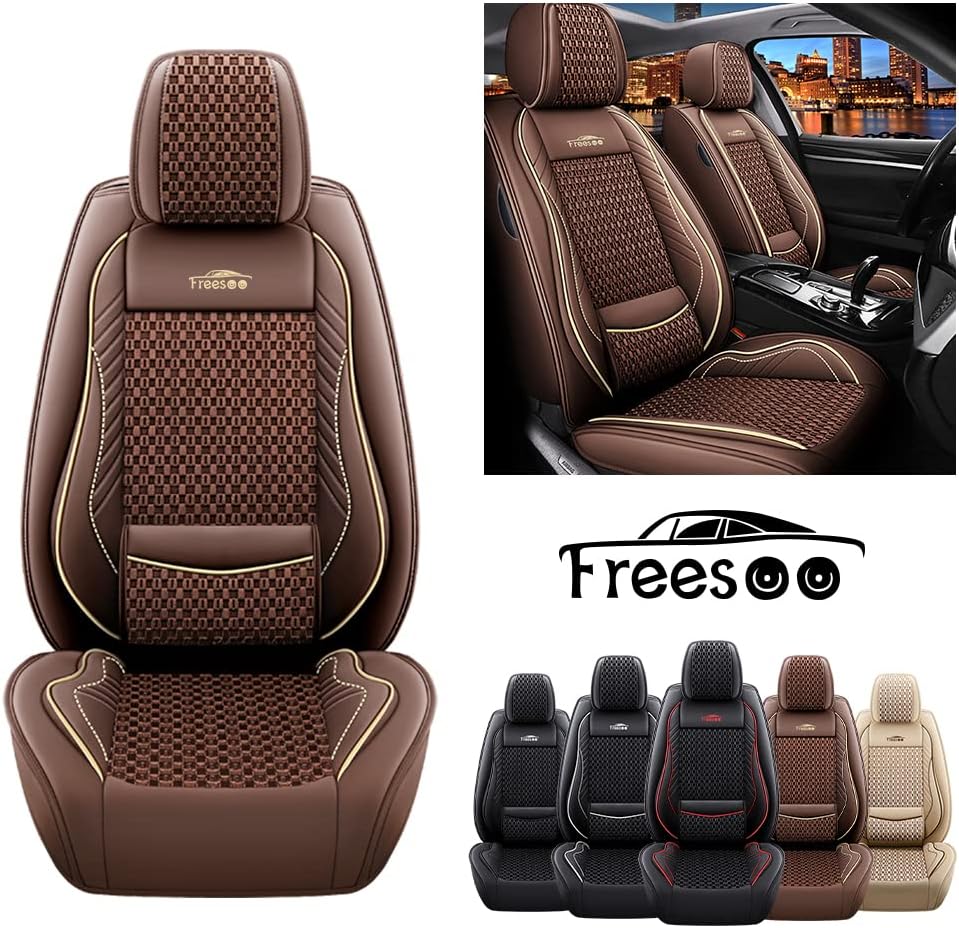 Beige 9 Leather Car Seat Covers Full Set B1898