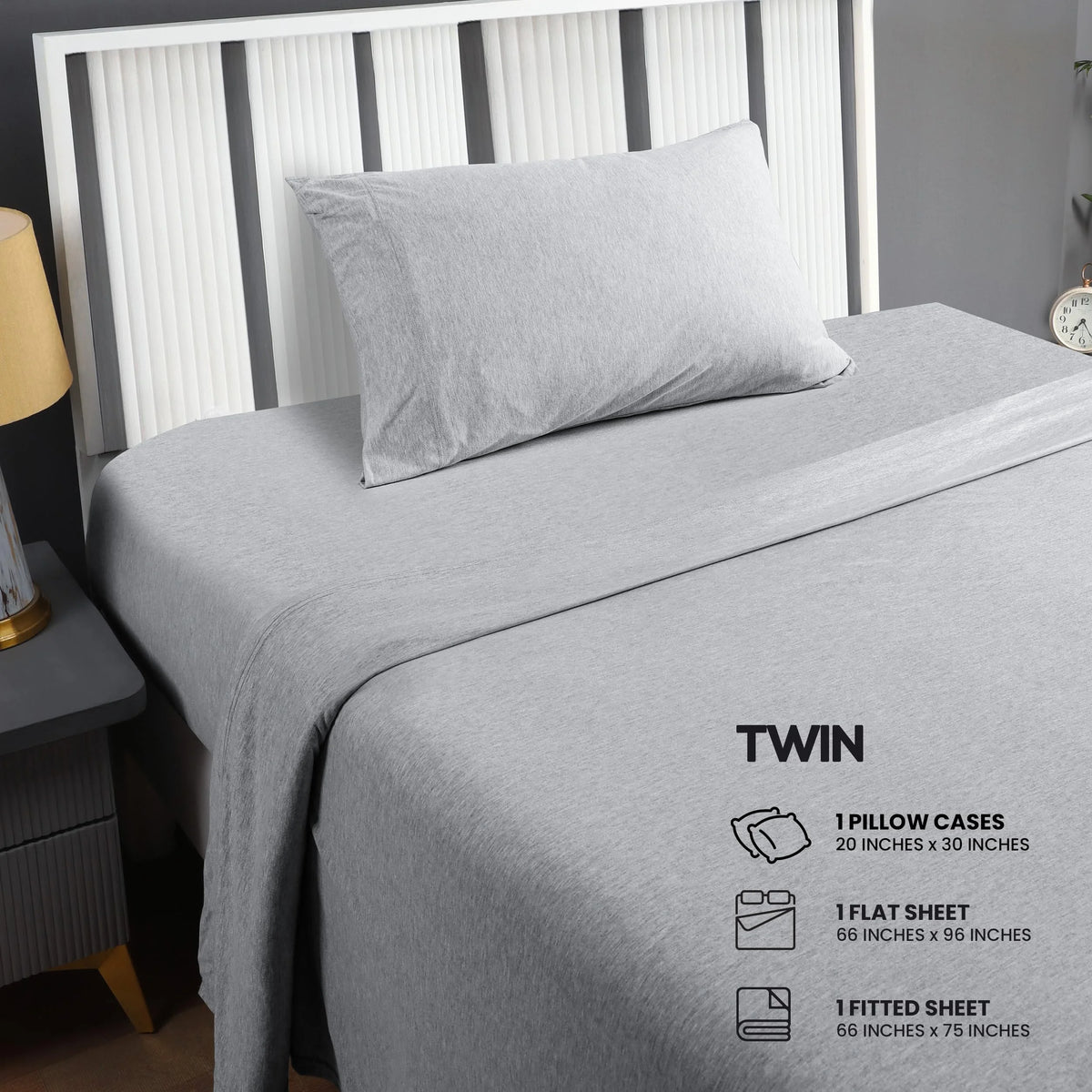 Heather Light Grey Twin Size Jersey Knit Sheet Set 3pc W725