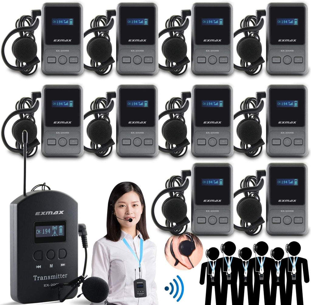 UHF Wireless Tour Guide Audio Transmission Set, 200 Channels, 1 Transmitter & 10 Receivers X323