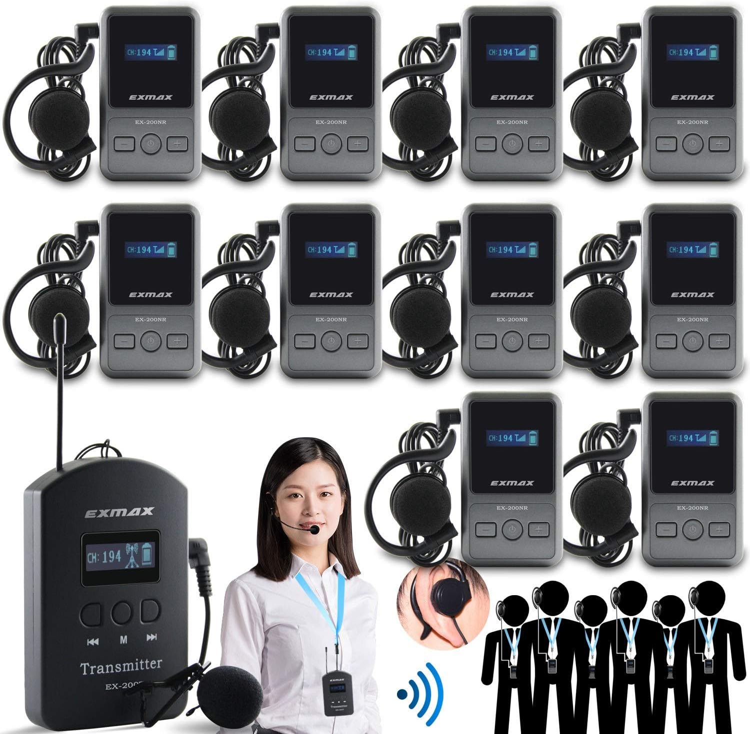 UHF Wireless Tour Guide Audio Transmission Set, 200 Channels, 1 Transmitter & 10 Receivers X323