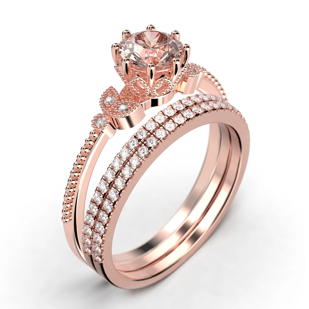2.25 Carat Round Cut Morganite And Diamond Moissanite Floral Engagement Ring in 10k Solid Rose Gold G6417