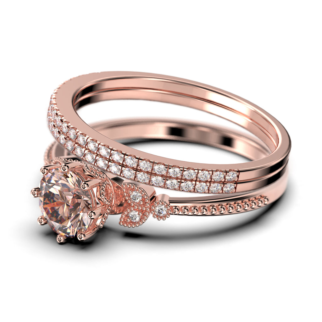 2.25 Carat Round Cut Morganite And Diamond Moissanite Floral Engagement Ring in 10k Solid Rose Gold G6417