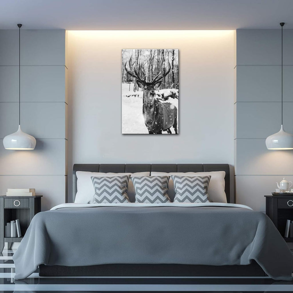 Black and White Deer in Winter Forest Canvas Print Wall Art E9028
