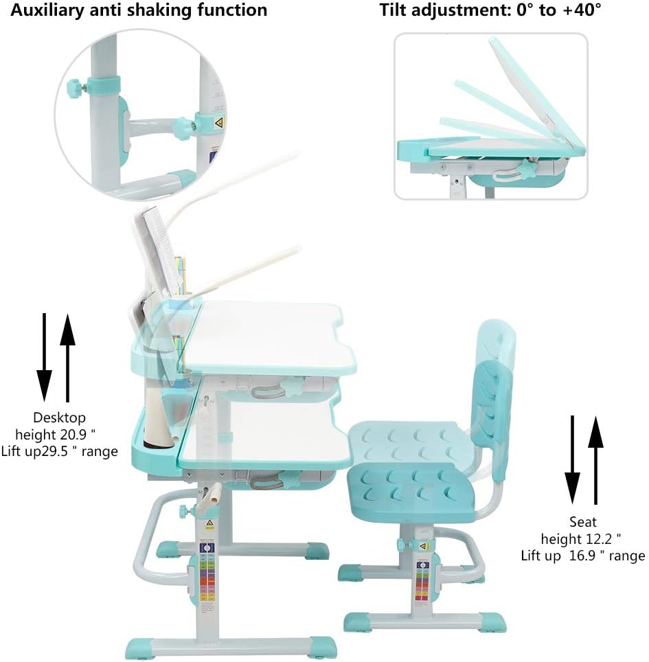 Blue-Green Children Learning Table and Chair with Desk Lamp O9552