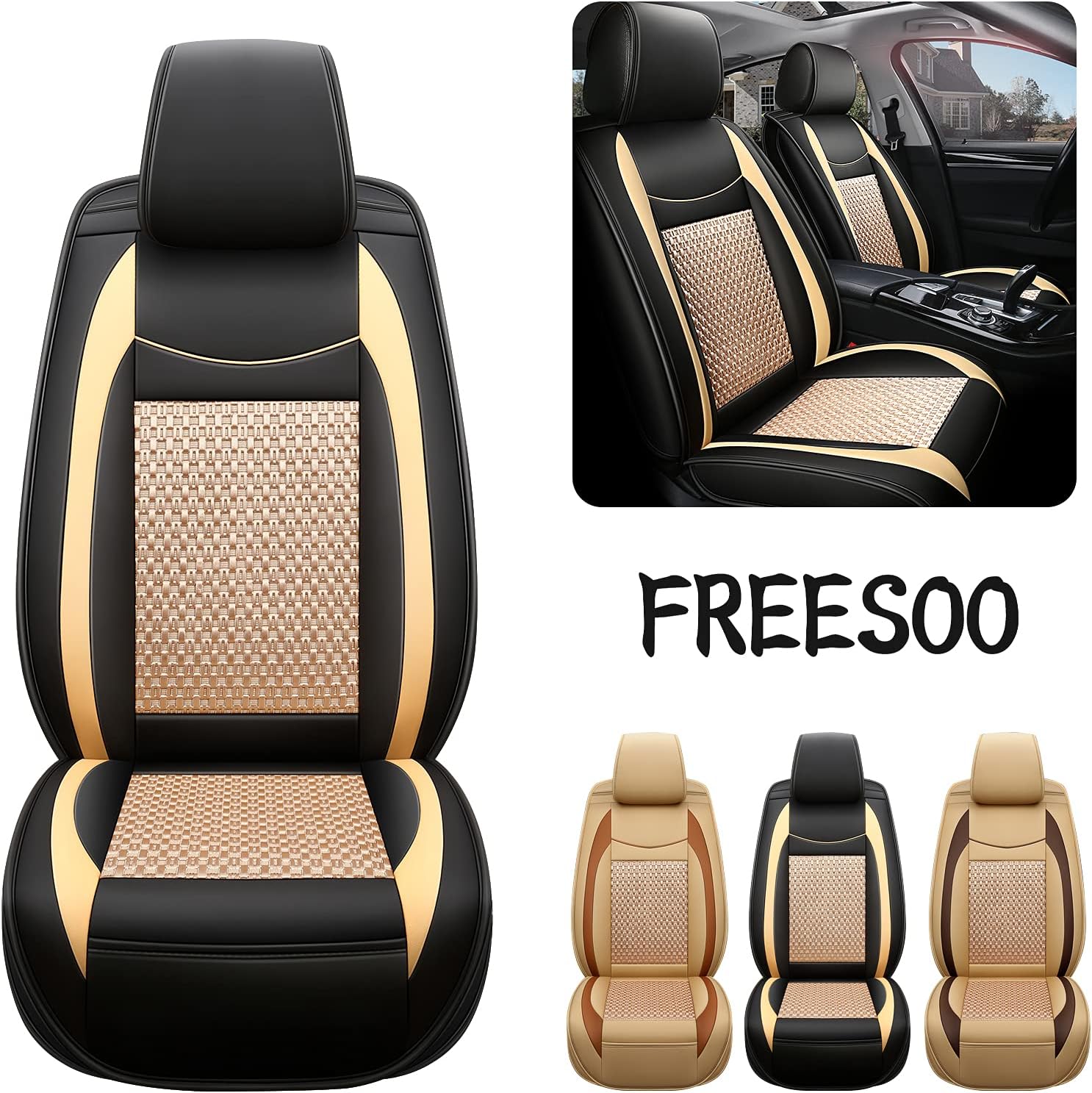 Beige 9 Leather Car Seat Covers Full Set B1898