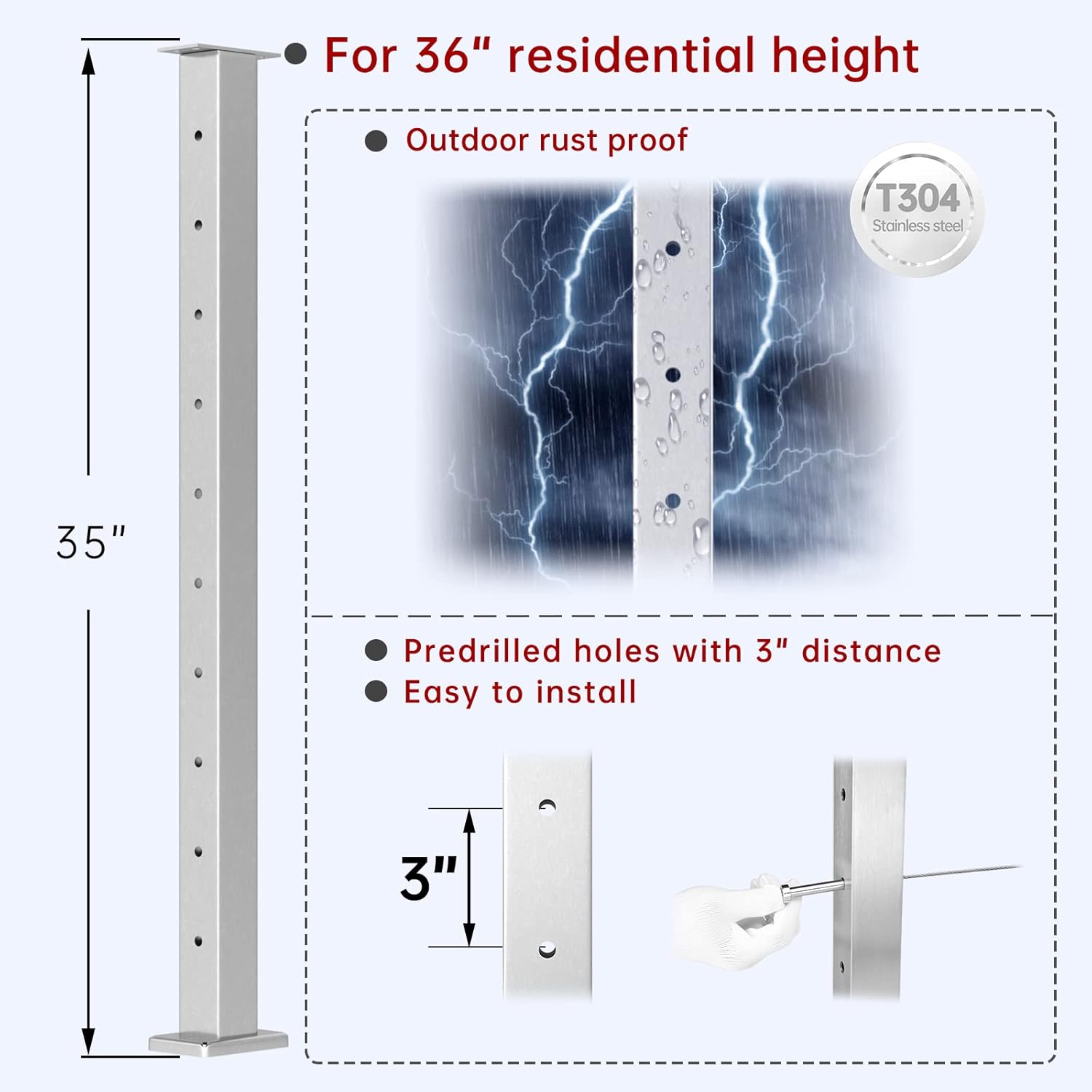 4Pack Stainless Steel Brushed Pre-Drilled Cable Railing Post W846139
