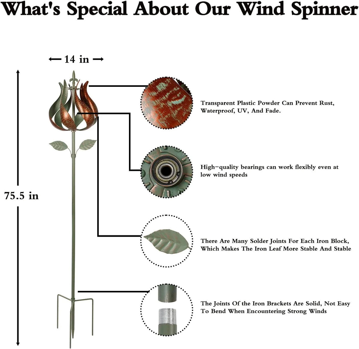 3D Kinetic Tulip Garden Wind Spinner, 14" Wide, 75.5" High 360 Degrees Flower Windmill X238176