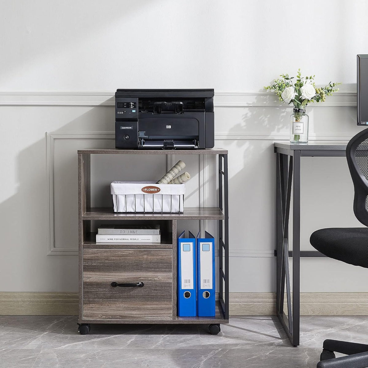Rolling File Cabinet with Drawer and Open Storage Shelves, Retro Grey S801889