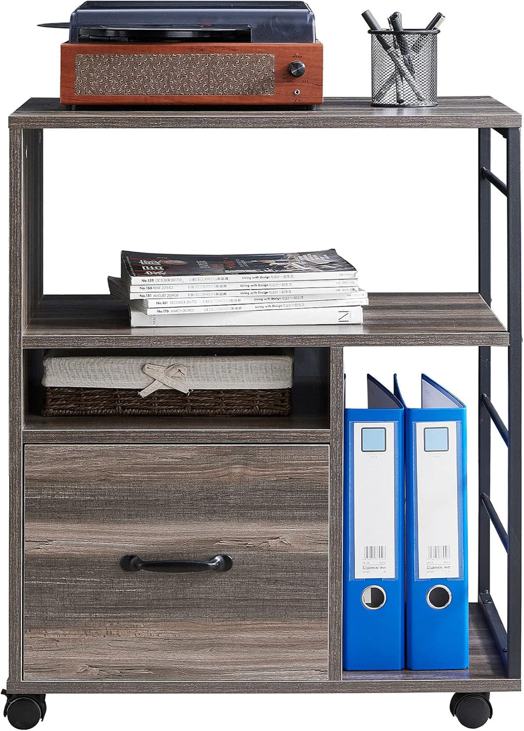 Rolling File Cabinet with Drawer and Open Storage Shelves, Retro Grey S801889