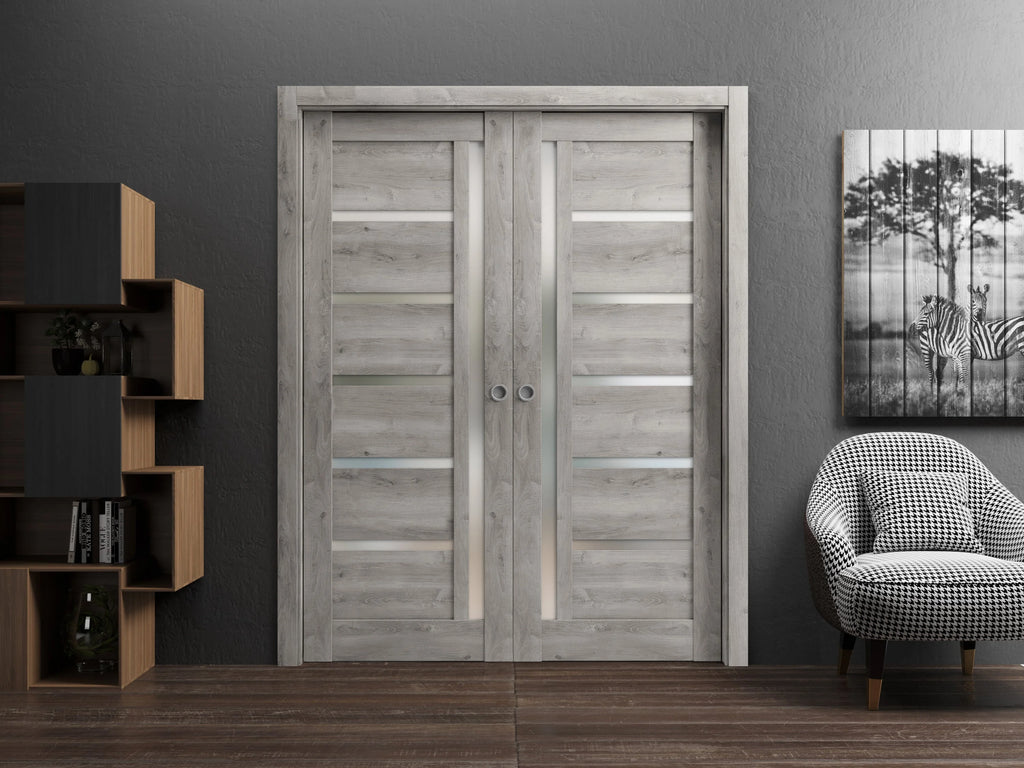Sliding French Double Pocket Doors 64 x 84 inches Solid Wood with Frosted Glass L551