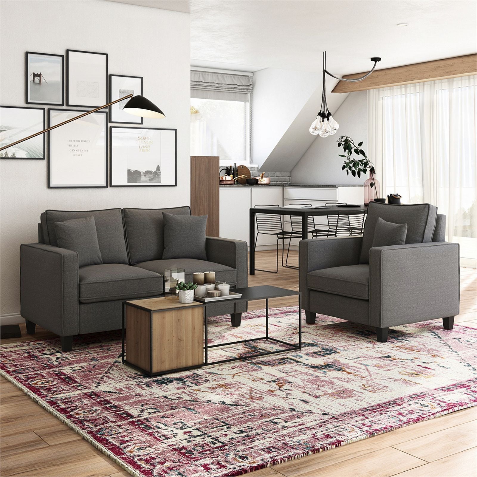 Gray Linen-Like Fabric Upholstered 2 Seater Loveseat Sofa Q664