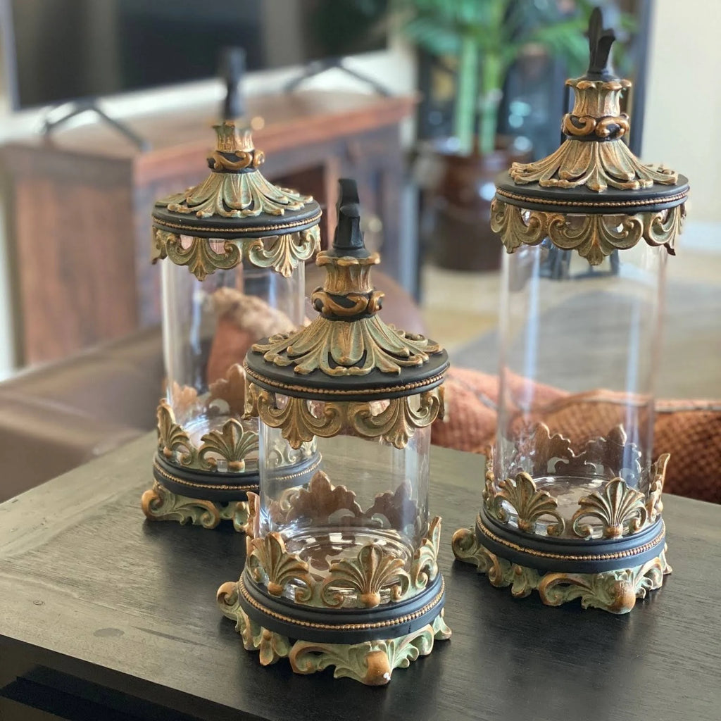 Antiqued Gold 3-Piece Glass Cylinder Canister Set E923