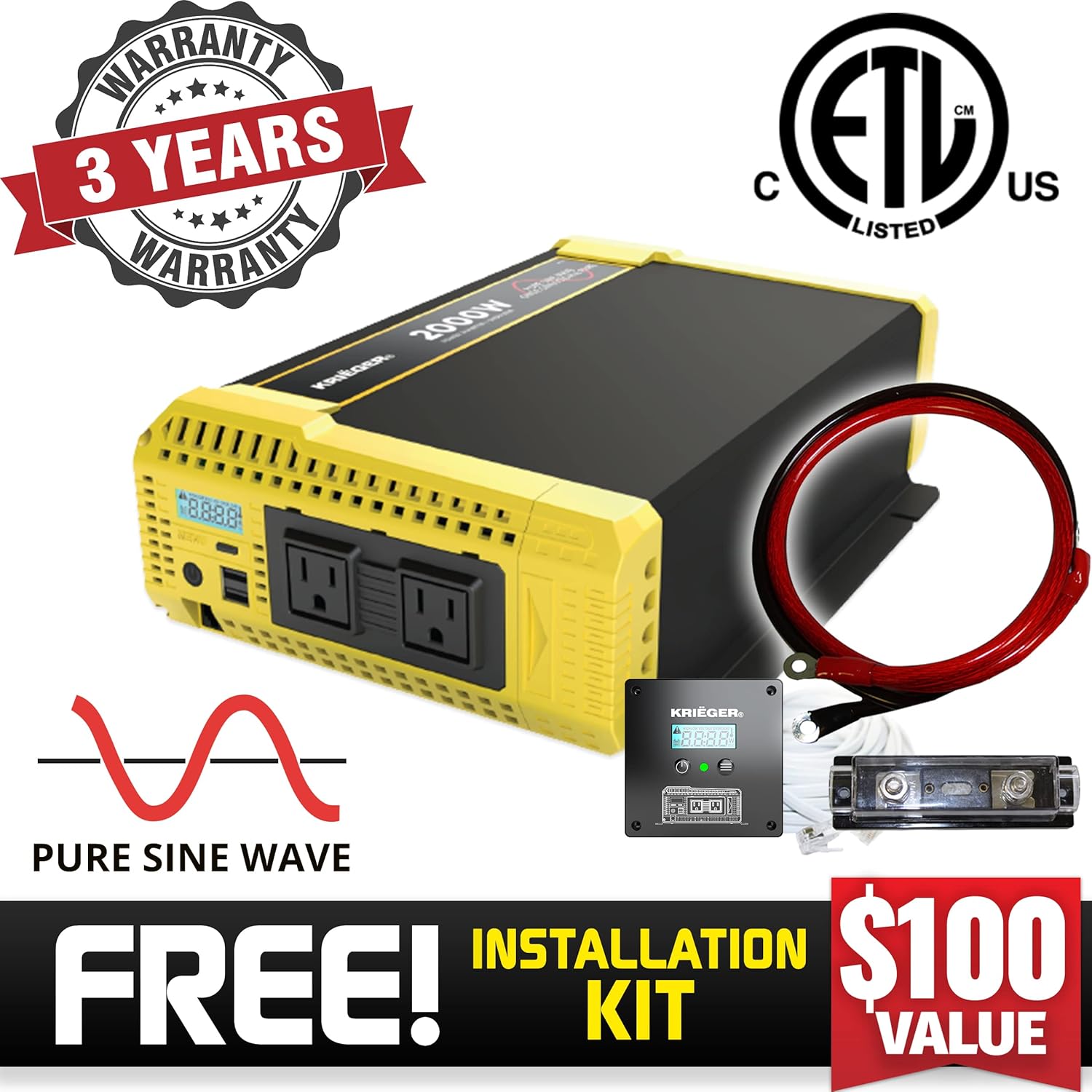 2000 Watt 12V Pure Sine Power Inverter Dual USB & AC Outlets K276306