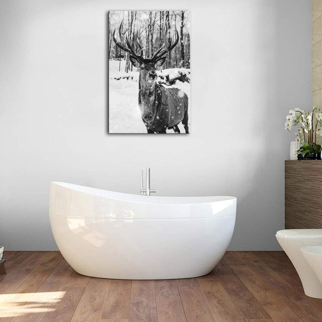 Black and White Deer in Winter Forest Canvas Print Wall Art E9028