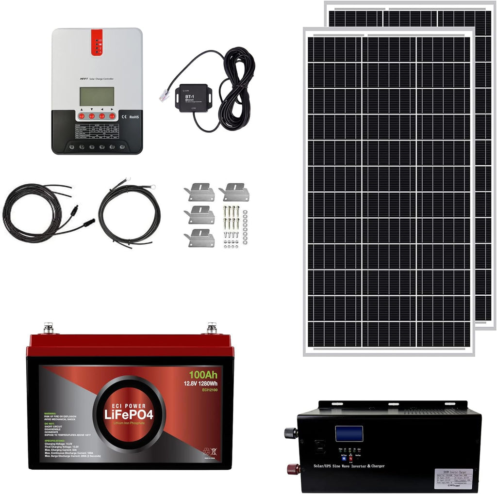 1.3KWH 12V Solar Power System Kit with 300W Mono Solar Panels, 30A MPPT Charge Controller, 2KW Pure Sine Wave Inverter I471716