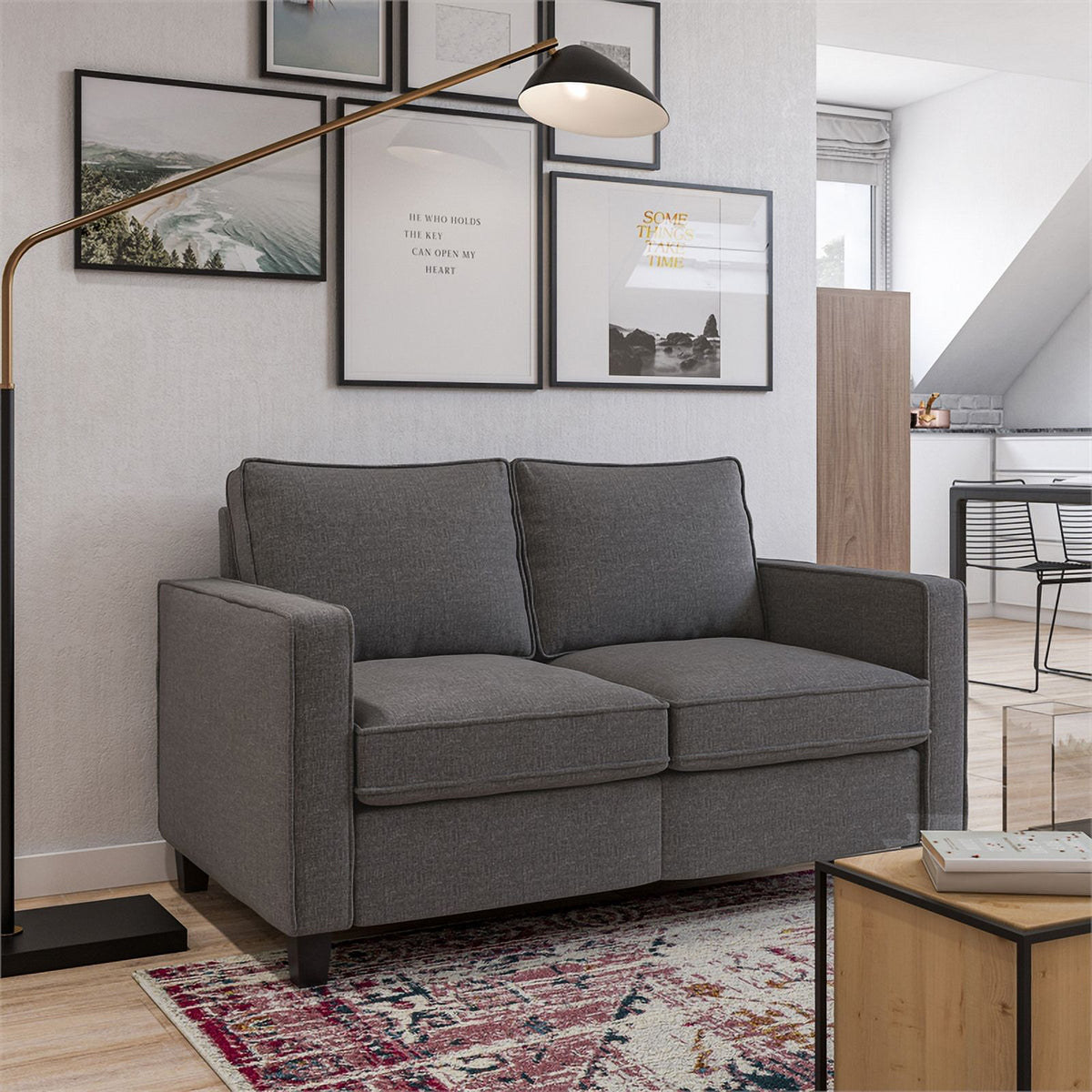Gray Linen-Like Fabric Upholstered 2 Seater Loveseat Sofa Q664
