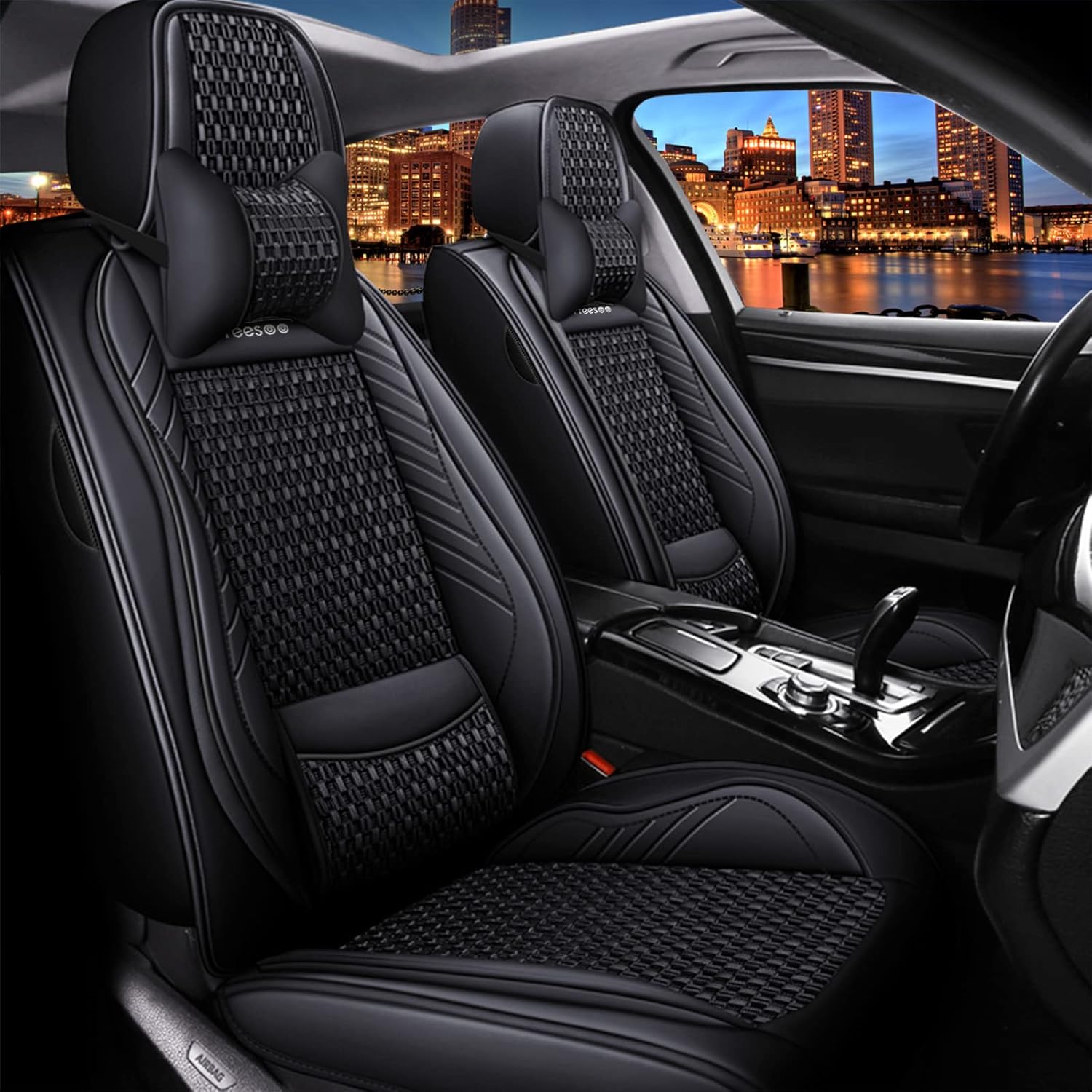 Beige 9 Leather Car Seat Covers Full Set B1898