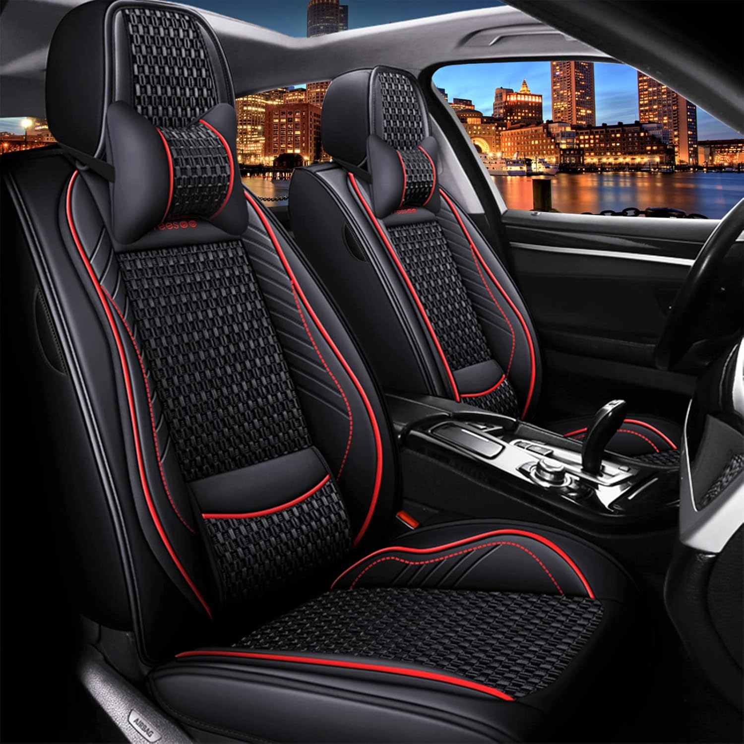 Beige 9 Leather Car Seat Covers Full Set B1898