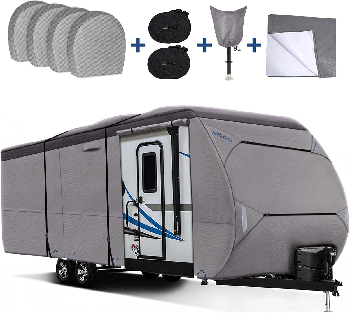 Upgraded Waterproof 500D Travel Trailer Cover with 4 Tire Covers, Tongue Jack Cover O242541
