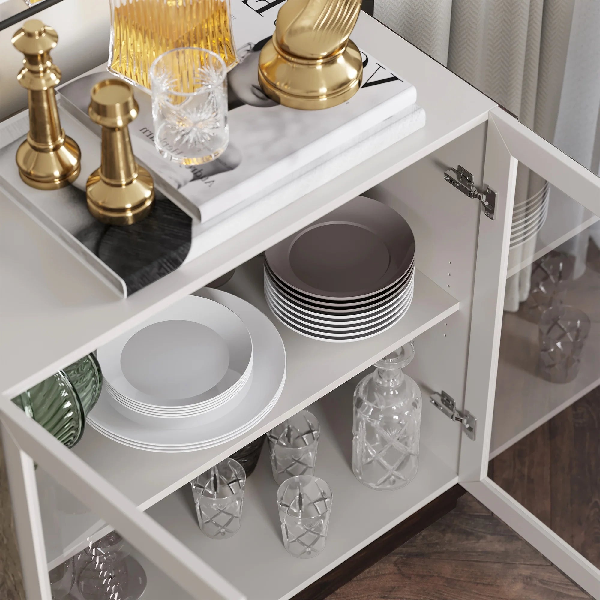 White Wood Glass Sideboard Buffet Cabinet with Storage M292