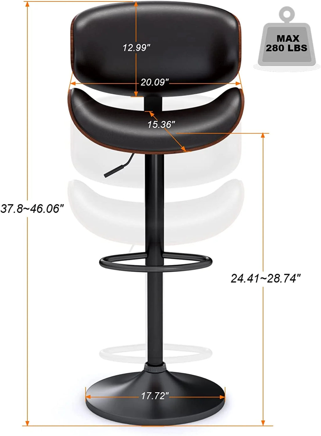 Swivel Bar Stools Set of 2, Adjustable PU Leather with Back and Footrest M1524