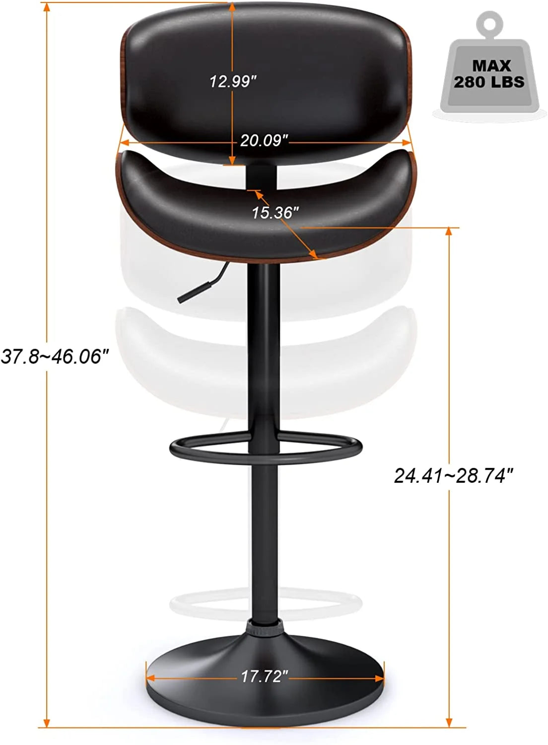 Swivel Bar Stools Set of 2, Adjustable PU Leather with Back and Footrest M1524