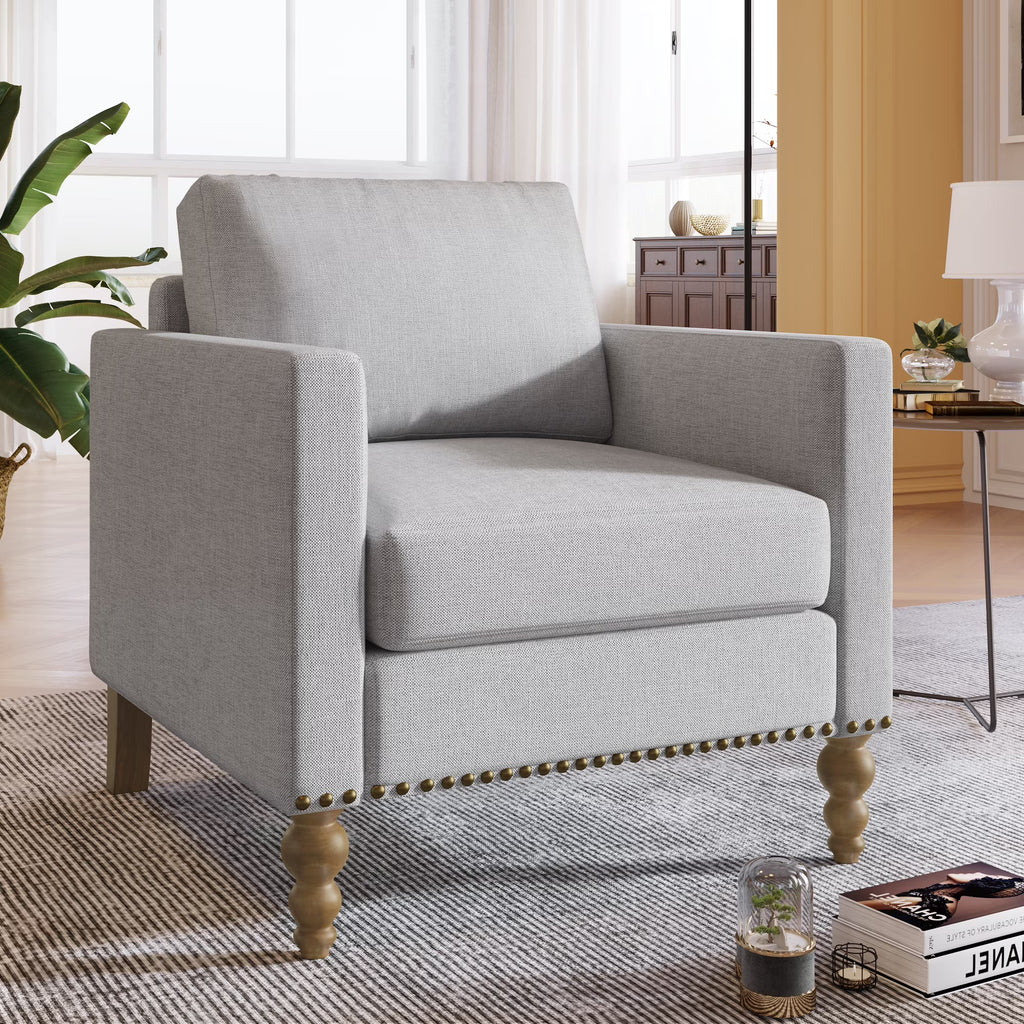 Light Gray Linen Armchair with Wooden Legs X762