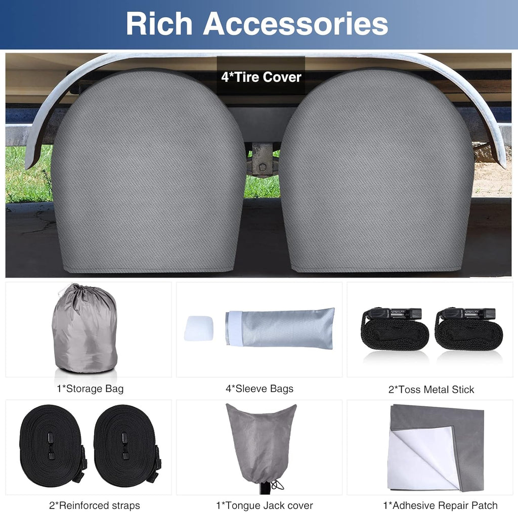 Upgraded Waterproof 500D Travel Trailer Cover with 4 Tire Covers, Tongue Jack Cover O242541