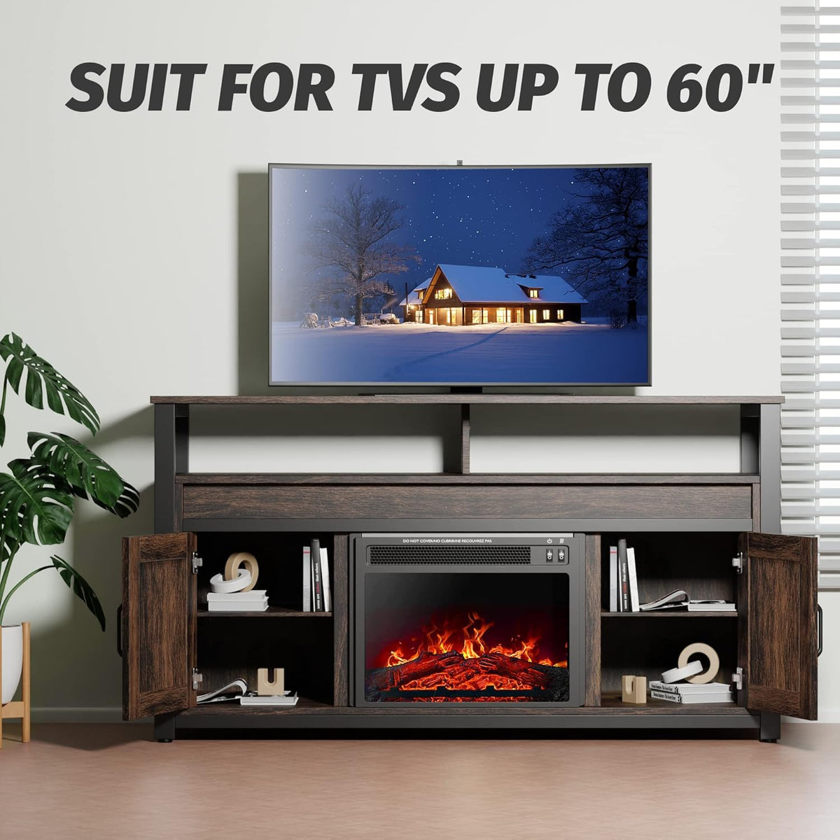 Industrial Rustic Electric Fireplace TV Stand with Open Storage Shelves and 2 Cabinets J68609