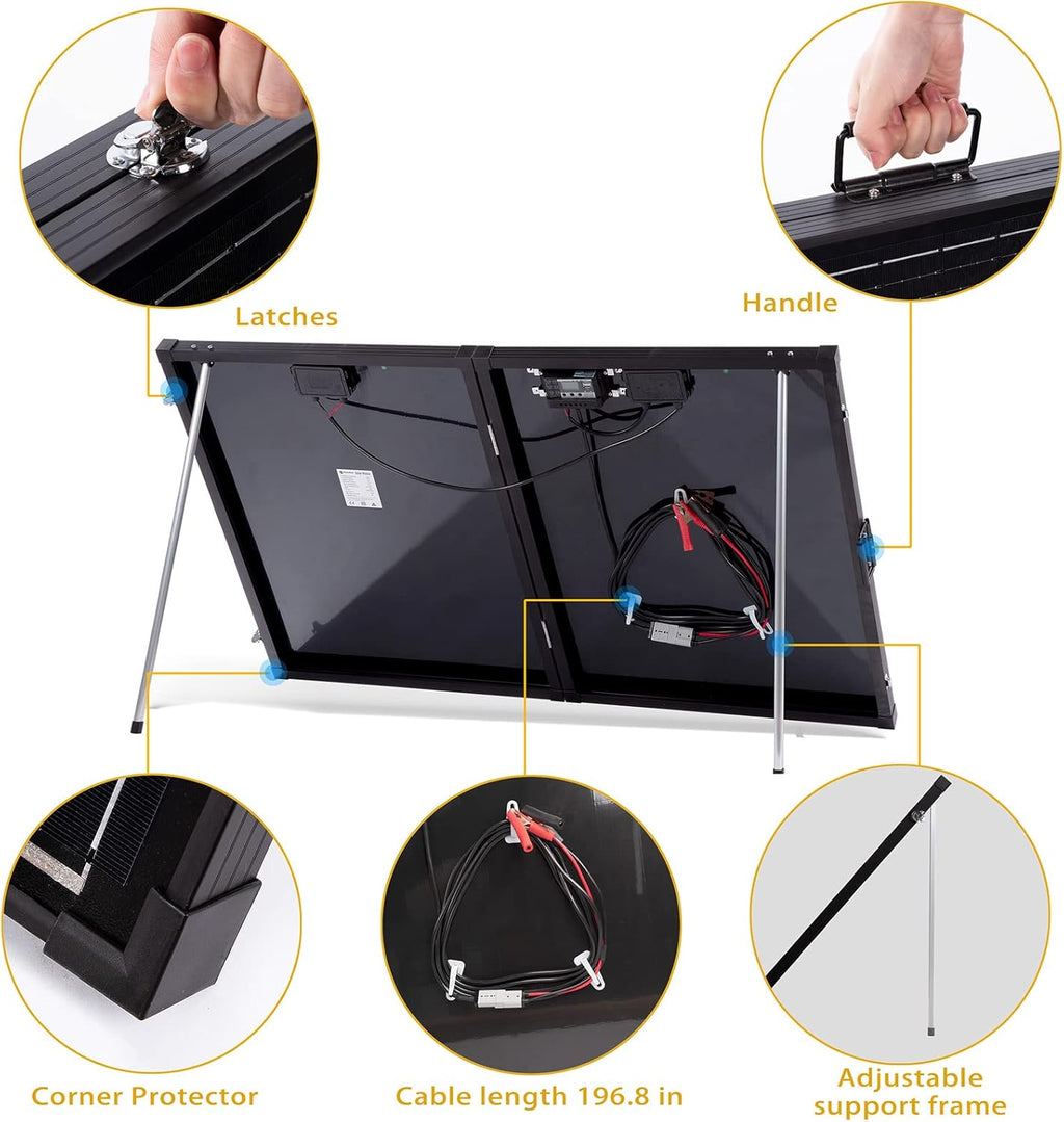 200 Watt 12 Volt Monocrystalline Portable Foldable Solar Panel Suitcase with Waterproof 30A Charger Controller T7440